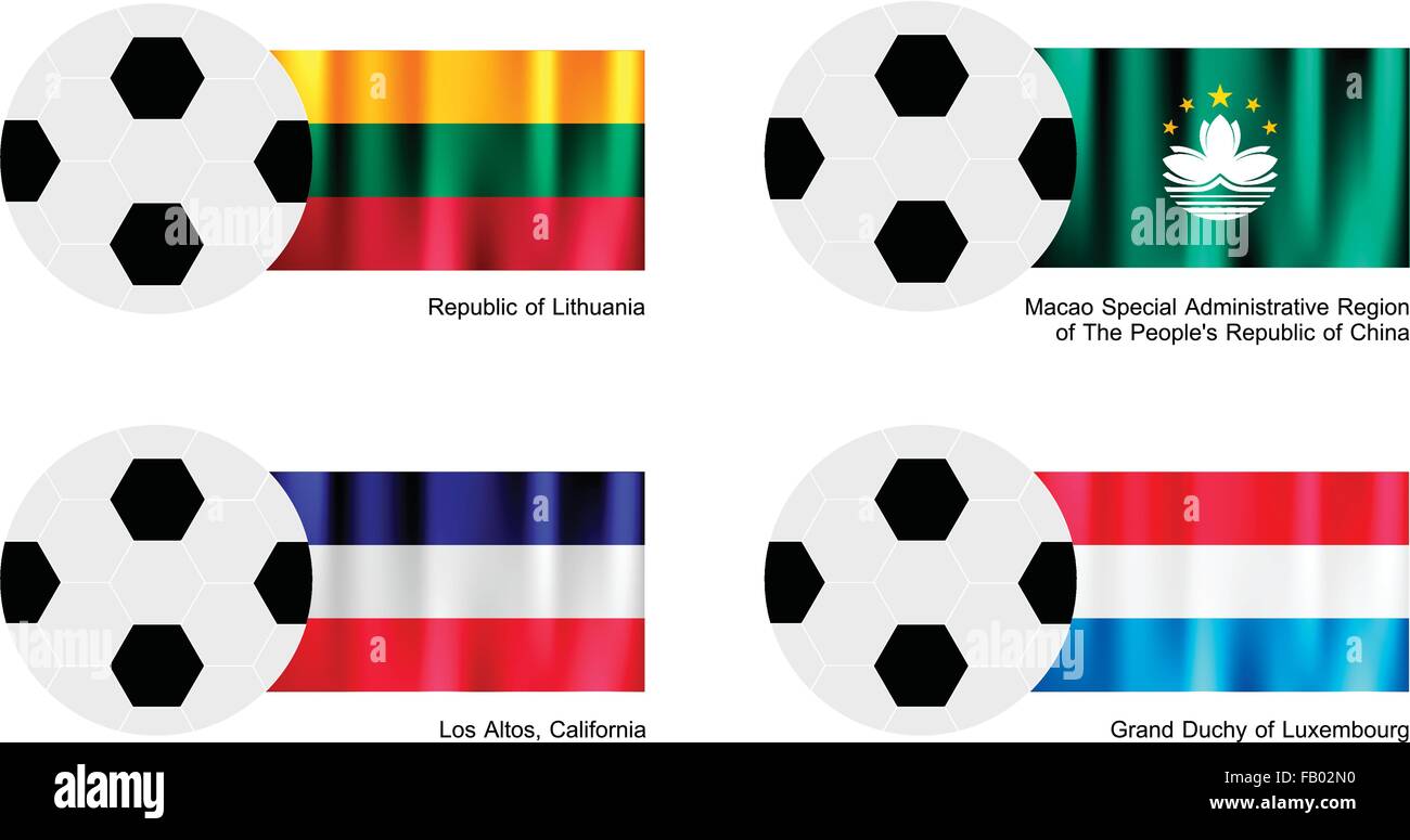 Une illustration de balles ou ballons de soccer avec des drapeaux de la Lituanie, de Macao, de Los Altos et le Luxembourg sur isolé sur un bac blanc Illustration de Vecteur