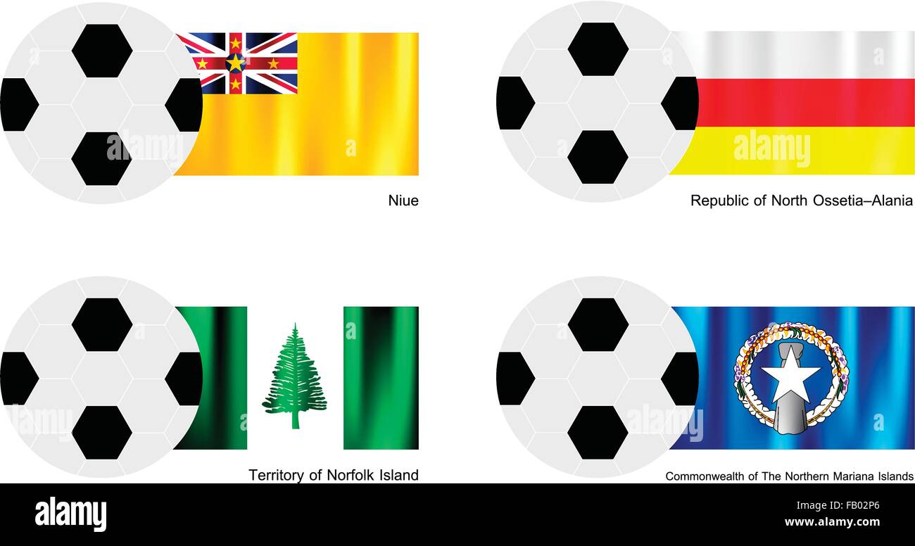 Une illustration de balles ou ballons de soccer avec des drapeaux de Niue, Amérique du Ossetiaâ - Alania, territoire de l'île Norfolk, et Northe Illustration de Vecteur