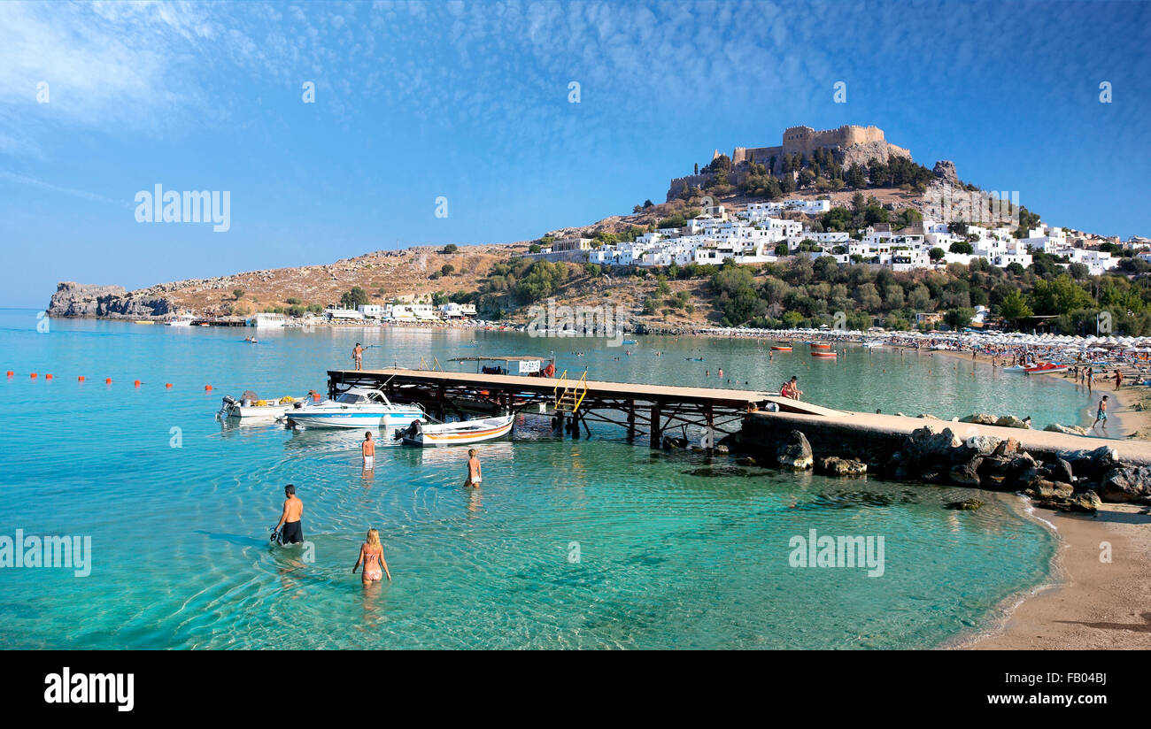 Et l'Acropole de Lindos, Rhodes, l'île du Dodécanèse grec Banque D'Images
