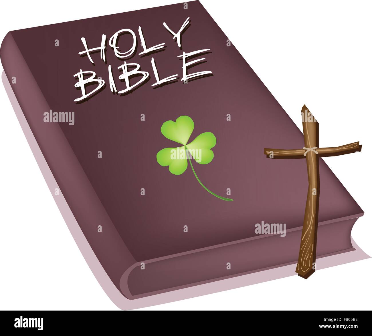 Symboles de Fortune et de chance de Brown couverts Bible avec une croix de bois et de plantes de trèfle ou Shamrock, la Fondation de Christi Illustration de Vecteur