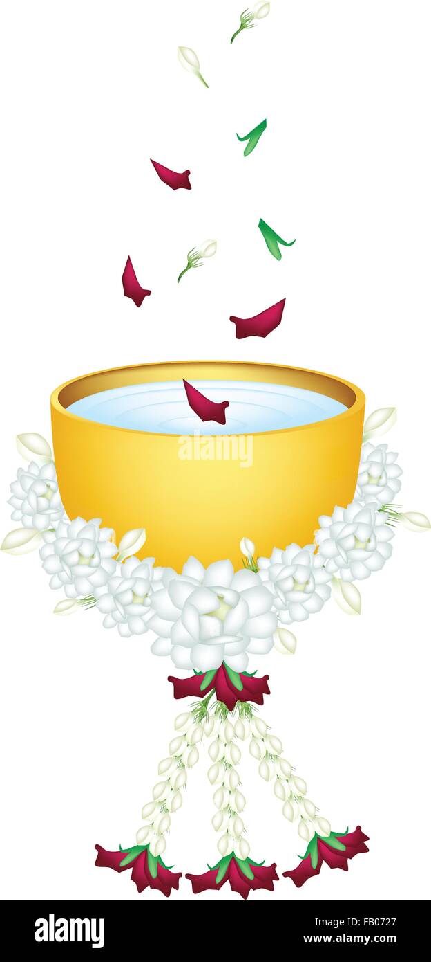 Songkran Festival, Vector Illustration de la belle Jasmine Garland avec de l'eau, corolle de Roses et jasmins dans un bol d'or i Illustration de Vecteur