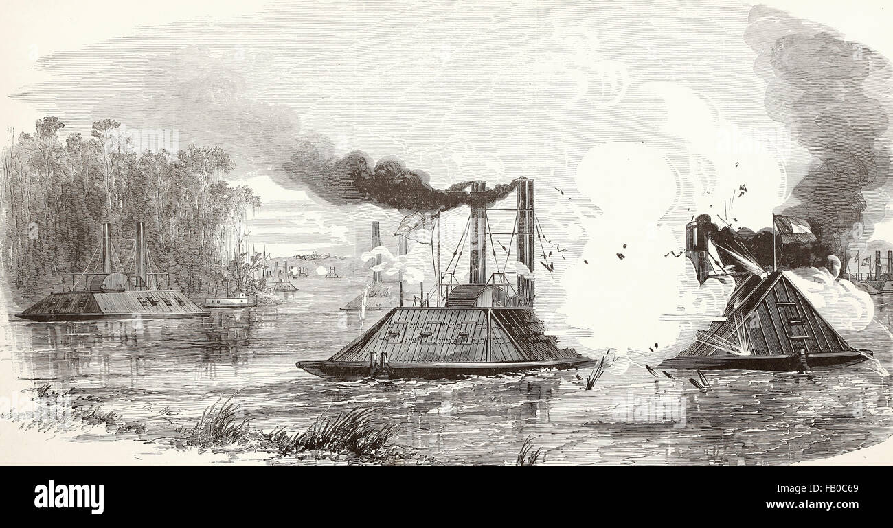 Combat Naval désespéré entre le fer confédérés Ram plaqué l'Arkansas et la canonnière Carondolet fédérale à l'embouchure de la rivière Yazoo, Juillet 15th, 1862 Banque D'Images Combat Naval désespéré entre le fer confédérés Ram plaqué l'Arkansas et la canonnière Carondolet fédérale à l'embouchure de la rivière Yazoo, Juillet 15th, 1862 Banque D'Images
