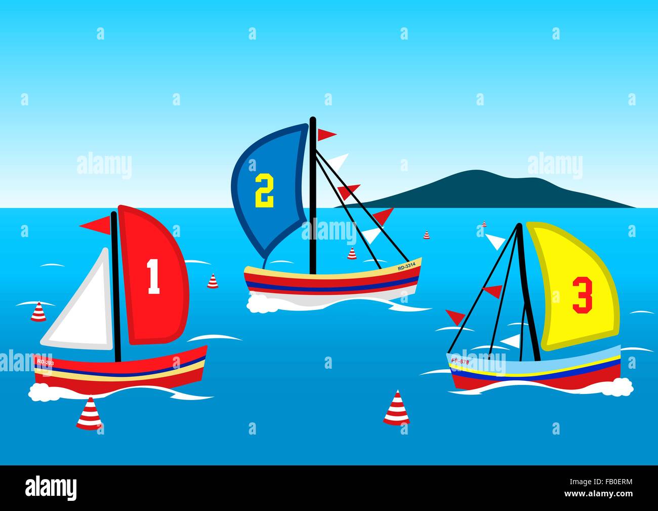 Trois bateaux à voile course sur l'eau . Illustration de Vecteur