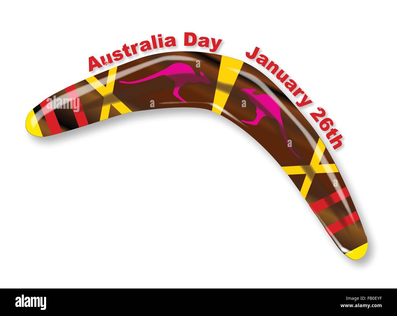 Un boomerang autochtone typique de bois poli avec décors sur un fond blanc avec le texte en Australie 24 janvier 26t Illustration de Vecteur