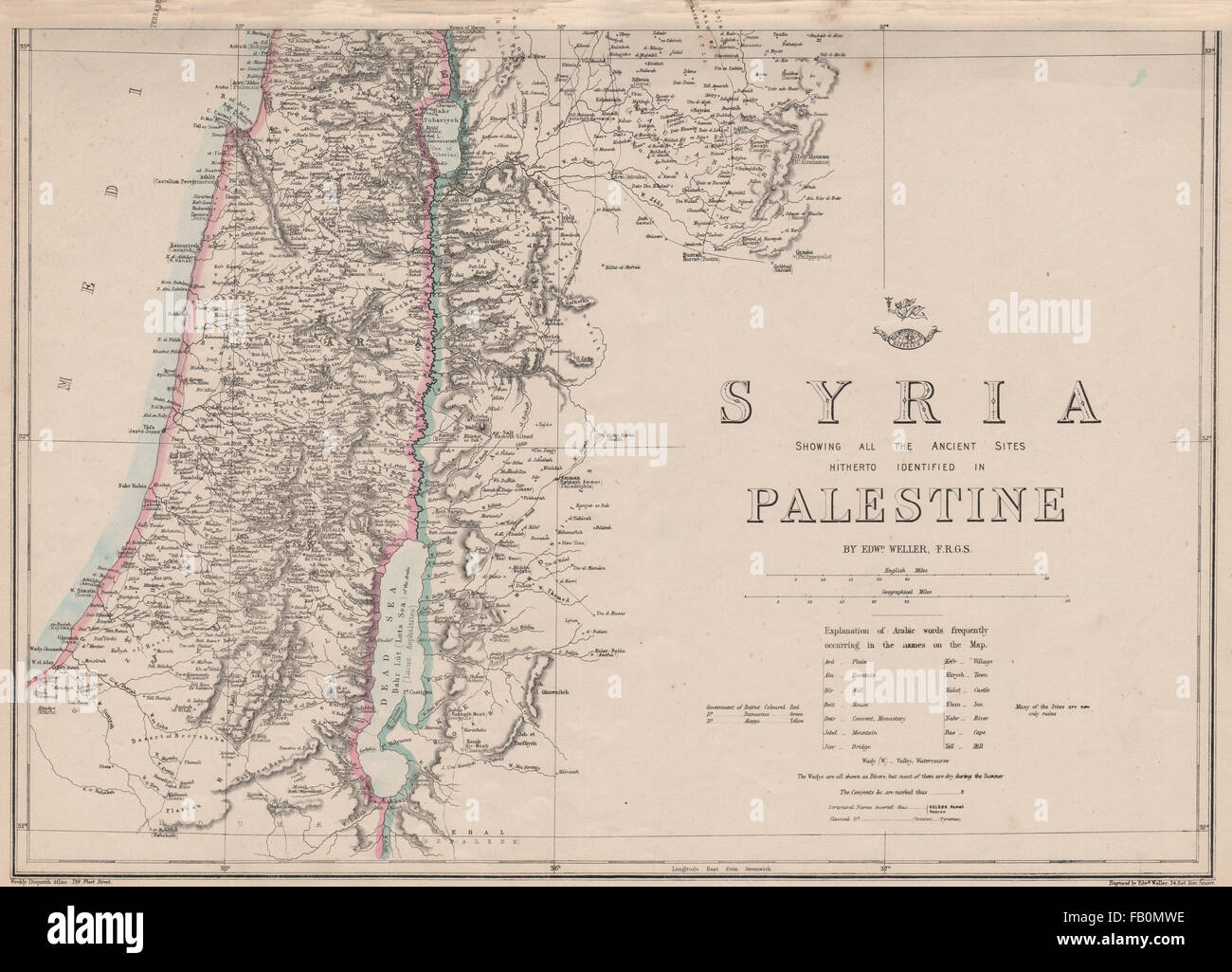 La SYRIE ET LA PALESTINE. Terre sainte Israël. Les noms bibliques et classique.Weller, 1862 map Banque D'Images
