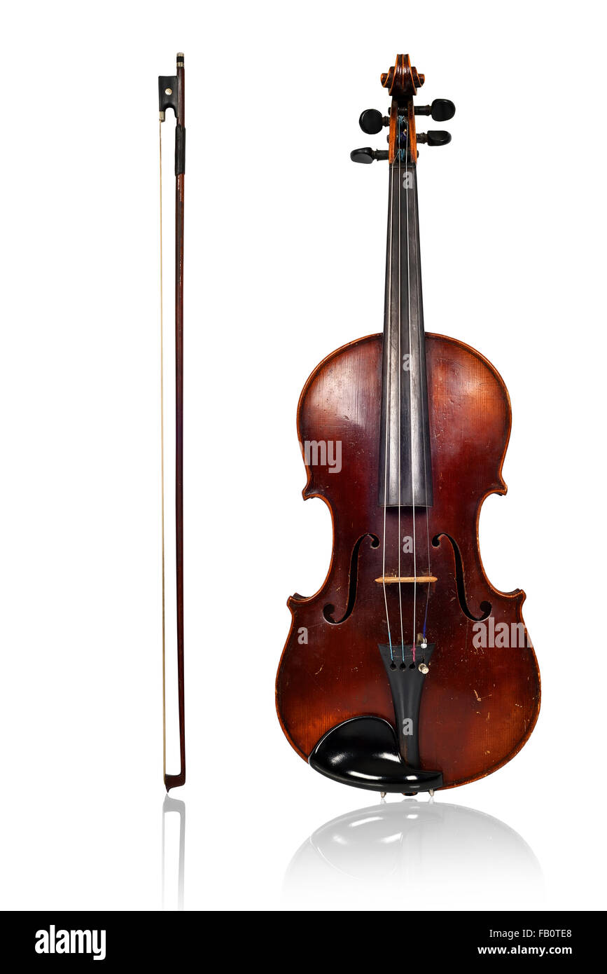 Violin and Bow Vue de face sur un fond blanc Banque D'Images