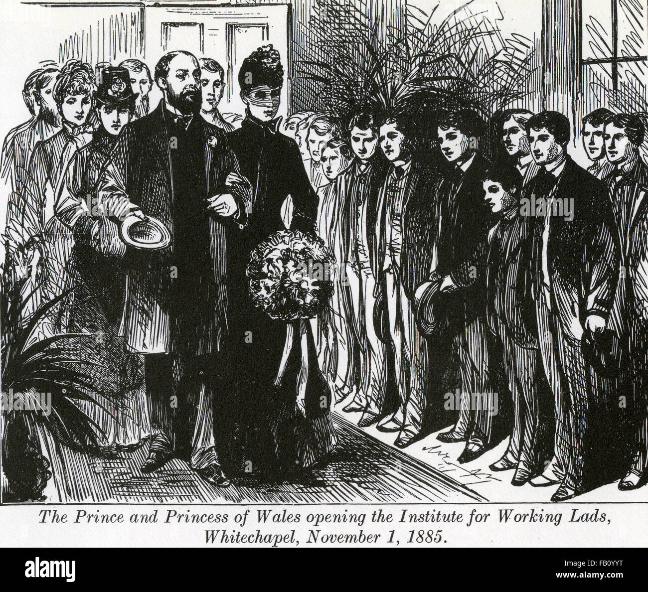 La pauvreté de l'époque victorienne Le Prince et la princesse de Galles l'ouverture de l'Institute for Working Lads dans au 137 Whitechapel Road, Londres, le 1 novembre 1885 Banque D'Images