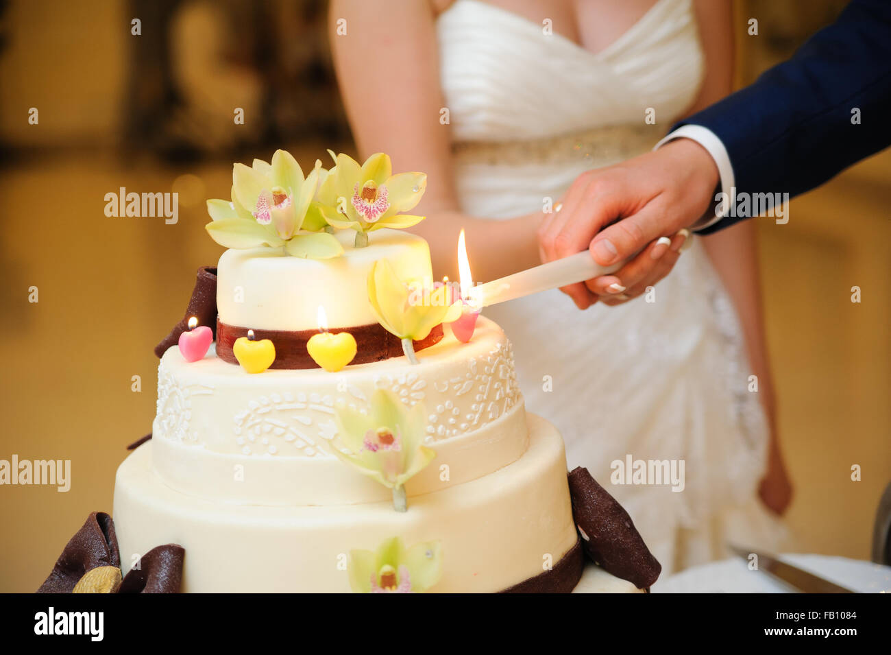 Mariée et le marié sont de trancher le gâteau de mariage à la réception Banque D'Images