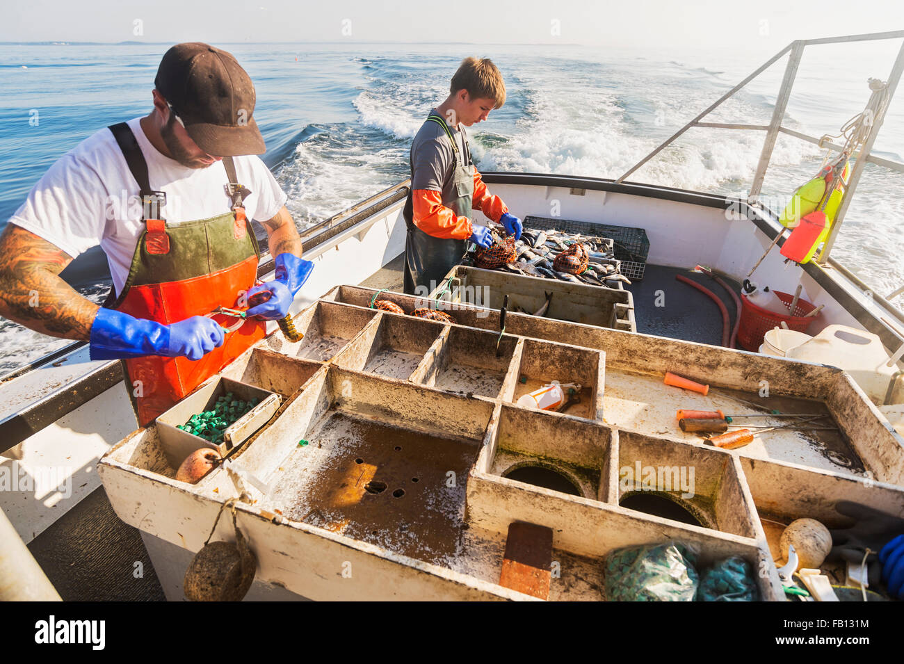Deux pêcheurs travaillant sur le bateau Banque D'Images