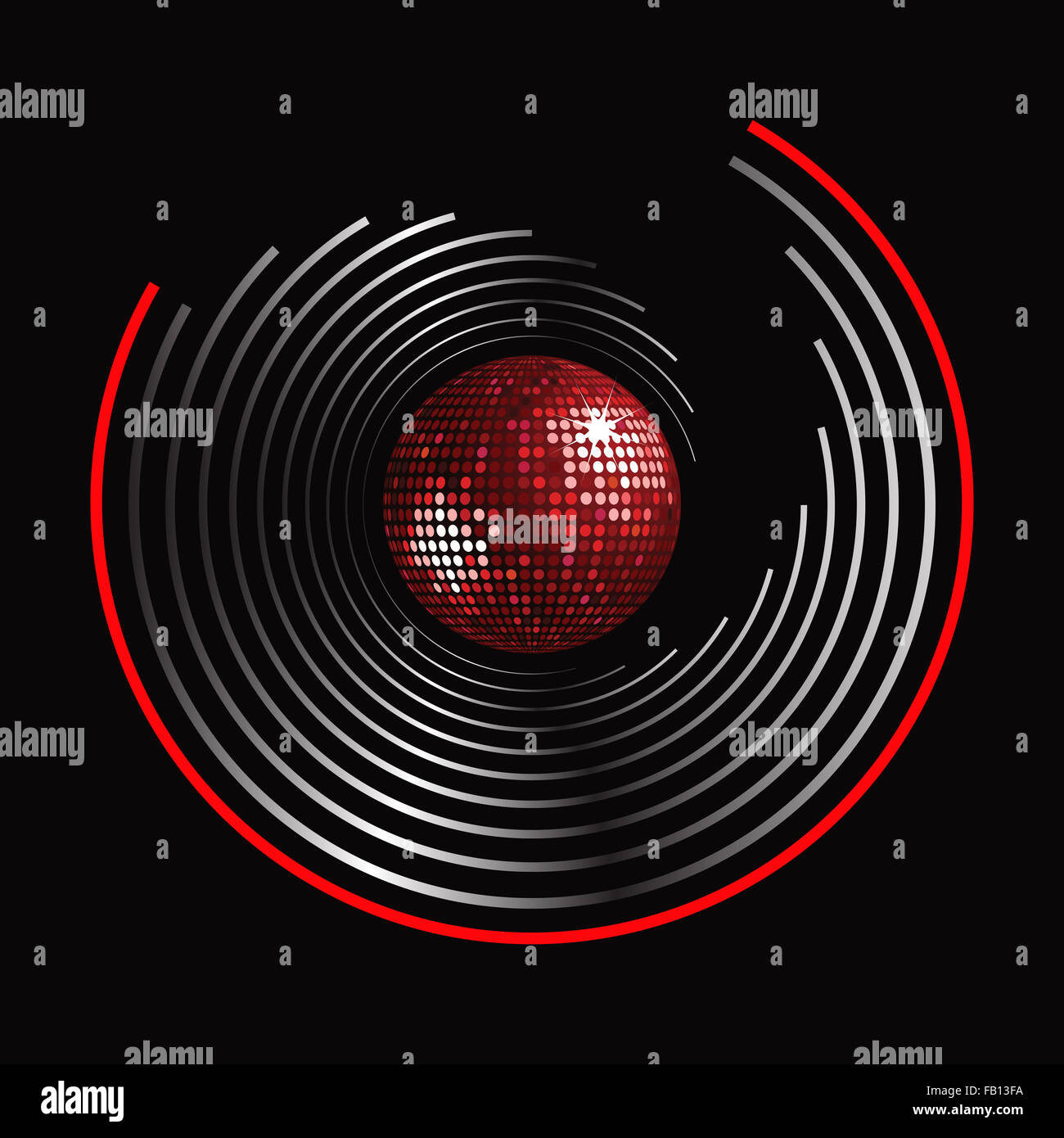 Boule disco rouge sur argent et rouge Motif de cercles sur fond noir Banque D'Images