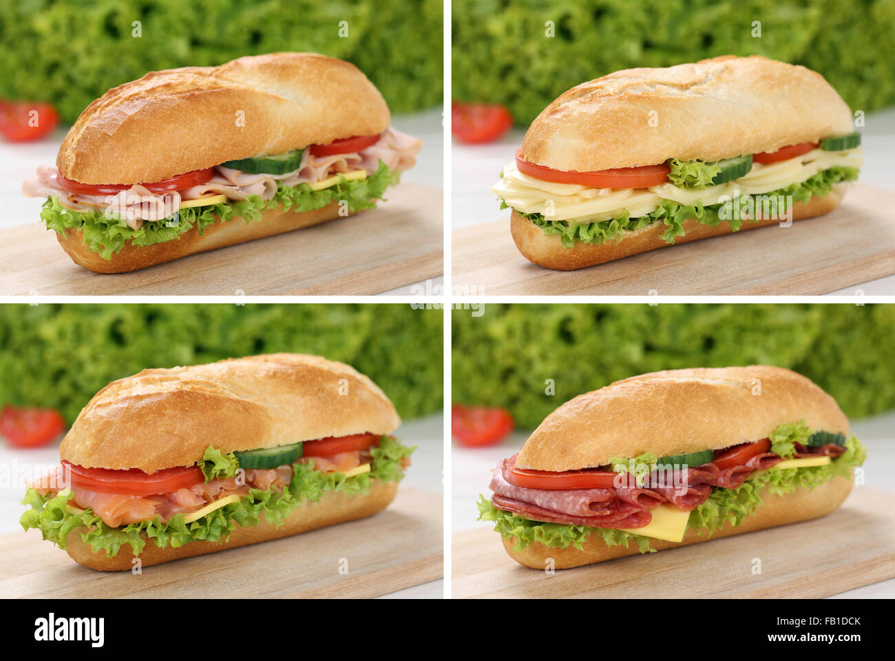 Collection de sandwiches baguettes sous avec jambon, salami, fromage, tomates et laitue Banque D'Images