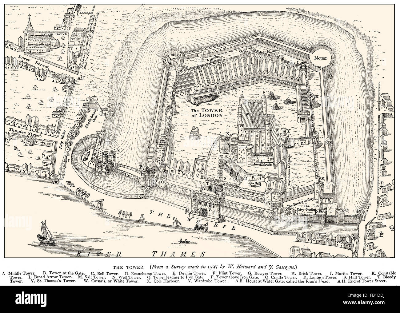 Tour de Londres, le palais royal et forteresse, château historique sur la rive nord de la Tamise, 1597 Banque D'Images
