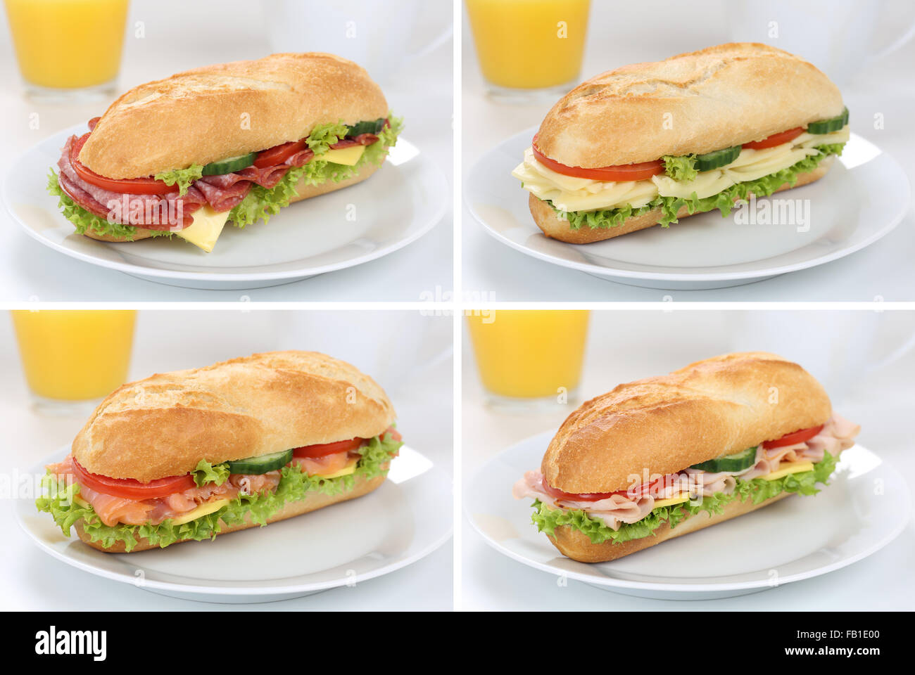 Collection de sandwiches sous baguettes pour le petit déjeuner avec du jambon, salami, fromage, tomates, laitue et le jus d'orange Banque D'Images