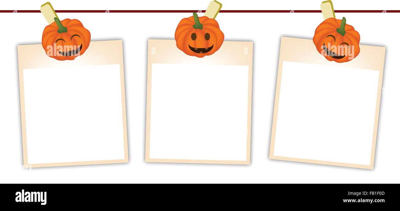 Illustration de trois cases vides Instant Impression de photos ou de transfert d'impression instantanée pendaison le jack-o-Lantern Pumpkin Clothespins, inscrivez-f Illustration de Vecteur