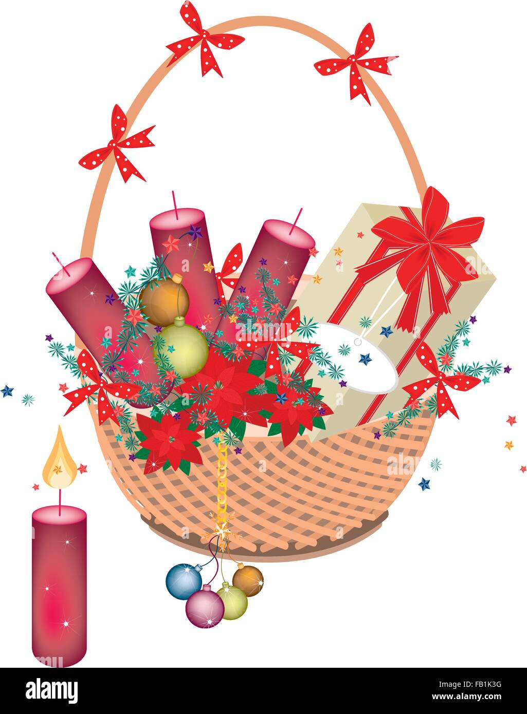Poinsettia rouge plantes avec bougies de Noël, Boule de Noël, Décorations de Noël, bougies et boîte-cadeau sur un beau soleil en osier Illustration de Vecteur
