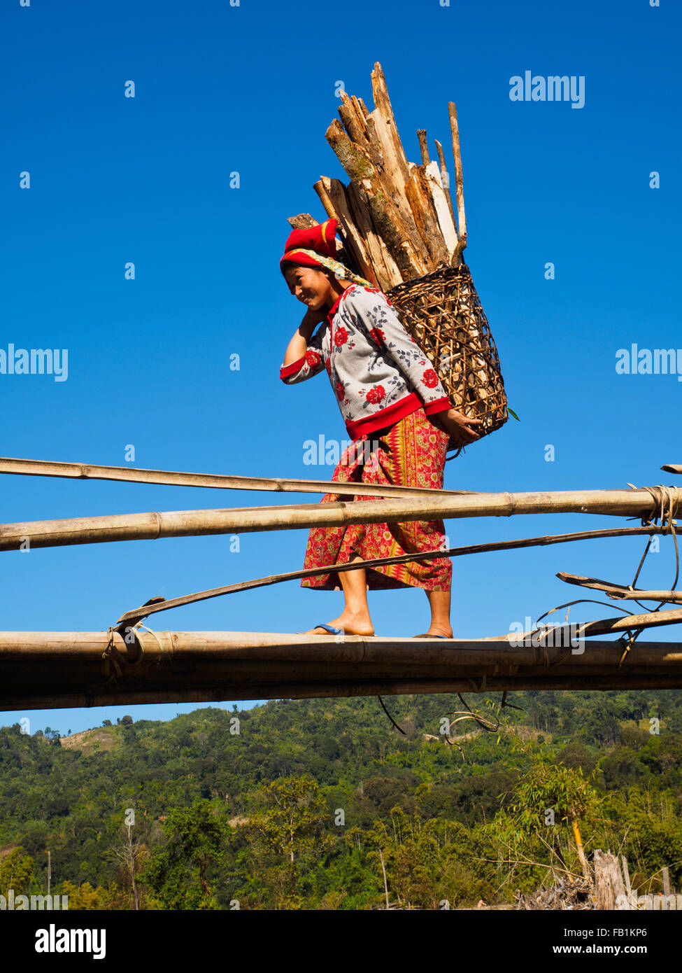 Une femme Lisu transporter le bois la collecte de forêt à proximité. Banque D'Images