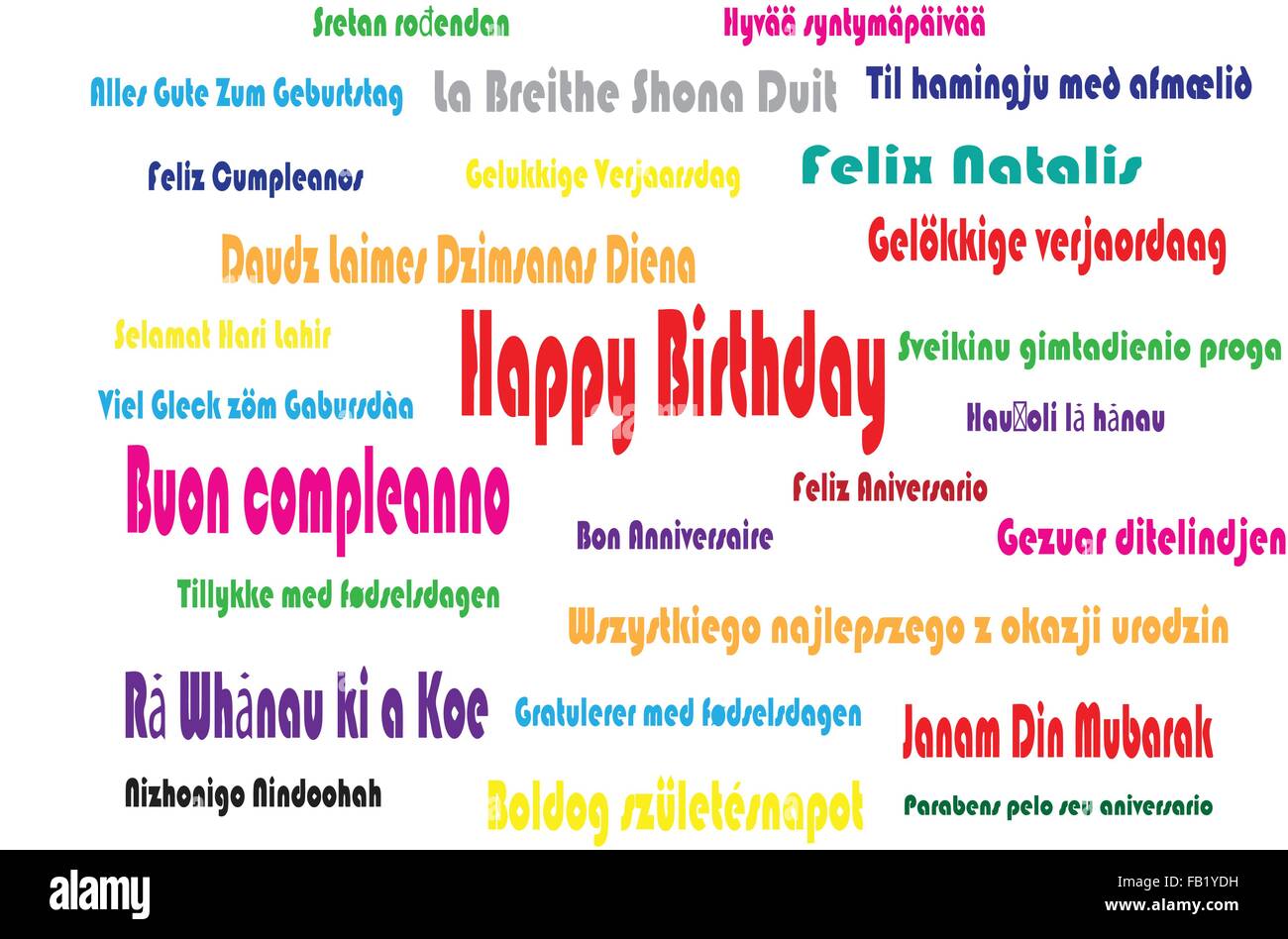 Joyeux anniversaire écrit en plusieurs langues en couleurs sur fond blanc Image Vectorielle