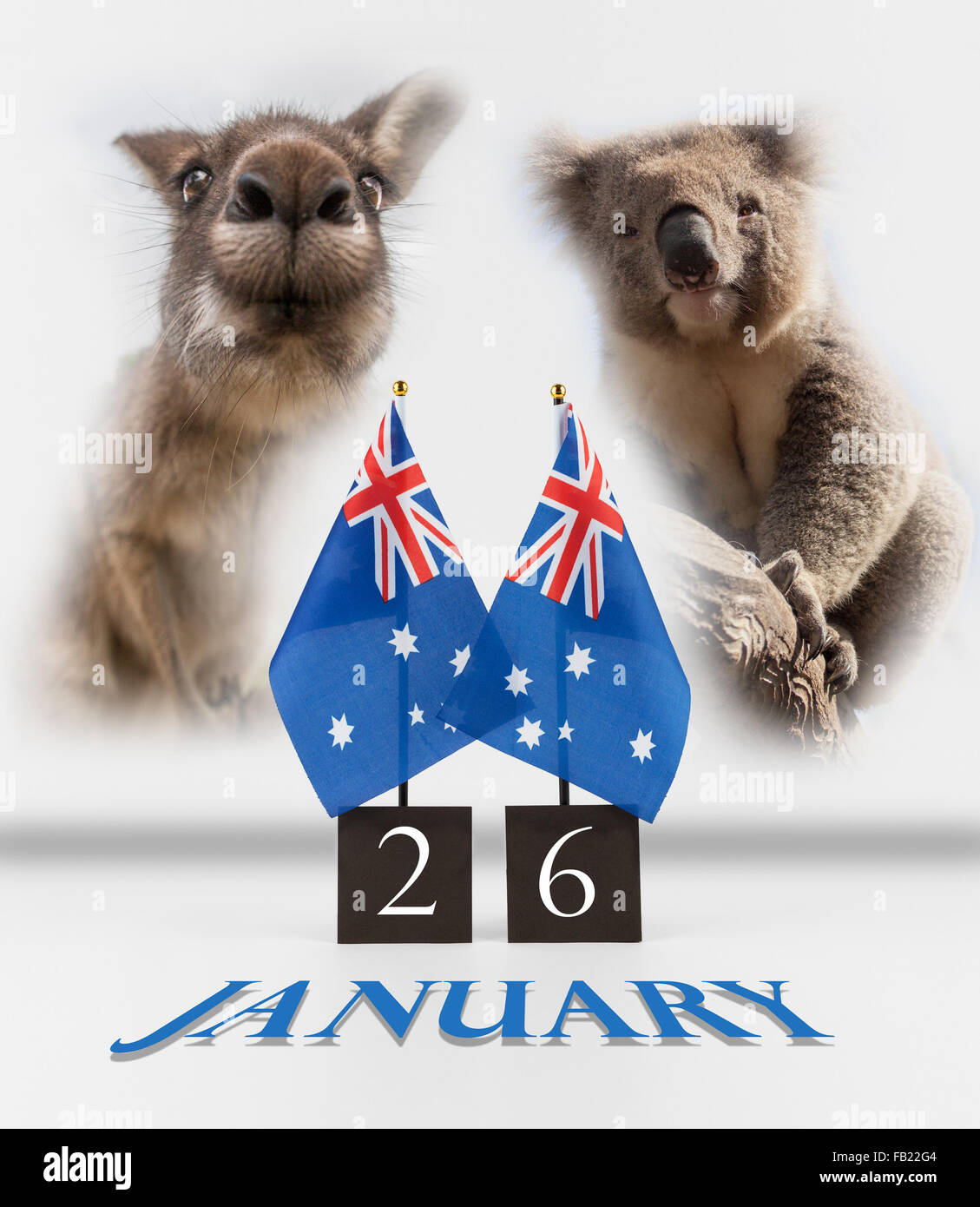 Deux Australian Bureau drapeaux, koala et kangourou. 26 janvier Australie Jour symboles salutations isolated on white. Banque D'Images