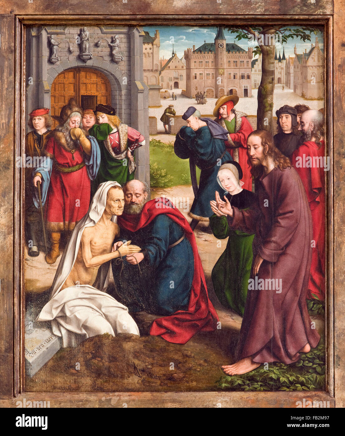 Kalkar, St. Nicolaikirche, Hochaltar (1488-1506), von Flügel Jan Joest (1505-1509), Lazare Kalkarer Auferweckung des mit Rathaus im Hintergrund Banque D'Images