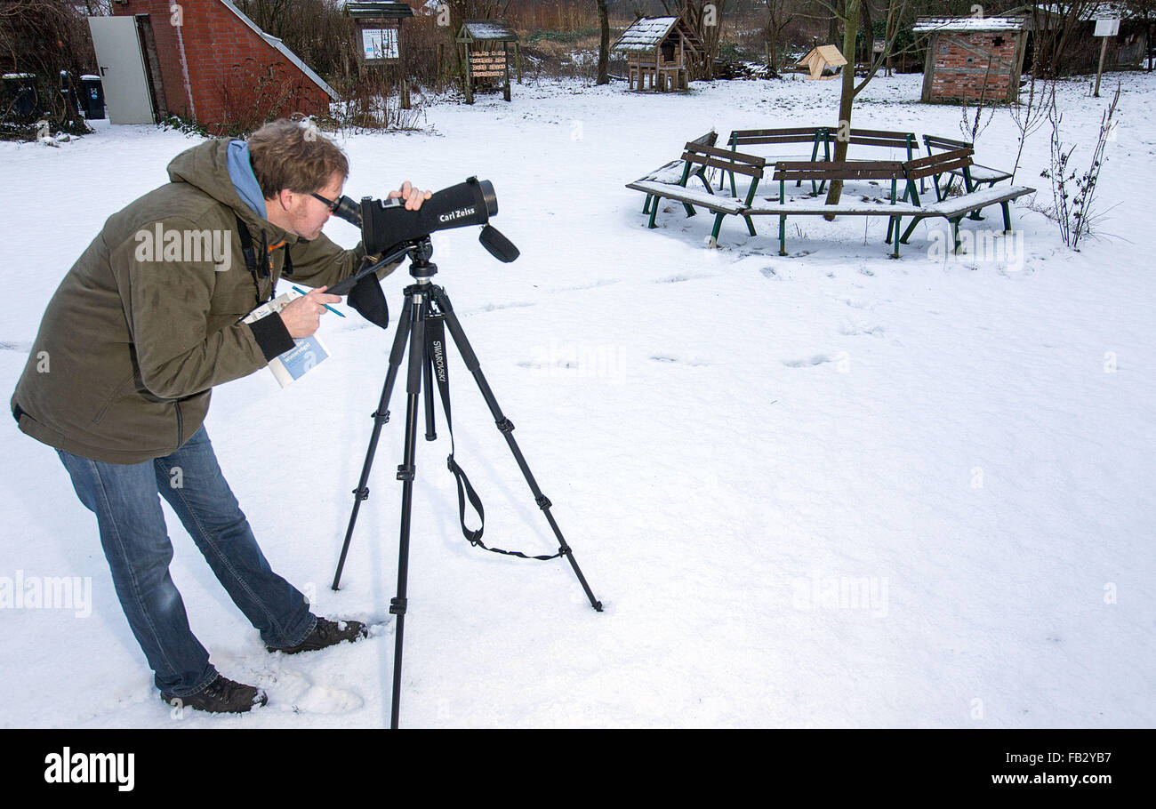 Schwerin, Allemagne. 8 janvier, 2016. Bird watcher Ulf Baehker observe avec sa longue vue sur les oiseaux d'hiver à Schwerin, Allemagne, le 8 janvier 2016. Baehker recueille des données d'oiseaux d'hiver local qu'il transmet à l'organisation de la protection de la nature Nabu, qui mène une enquête nationale sur les oiseaux d'hiver. Photo : Jens Buettner/dpa/Alamy Live News Banque D'Images