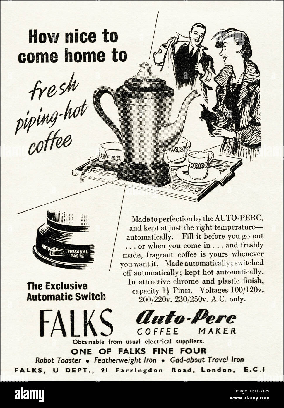 Vintage Original advert à partir de 1950. Annonce de la publicité 1953 Auto-Perc Falks cafetière. Retro 50s Banque D'Images