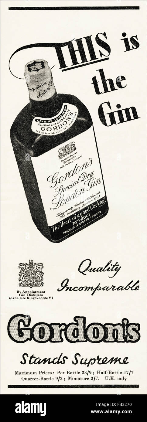 Vintage Original advert à partir de 1950. Annonce de 1953 Gordon's publicité par nomination royale. Retro 50s Banque D'Images