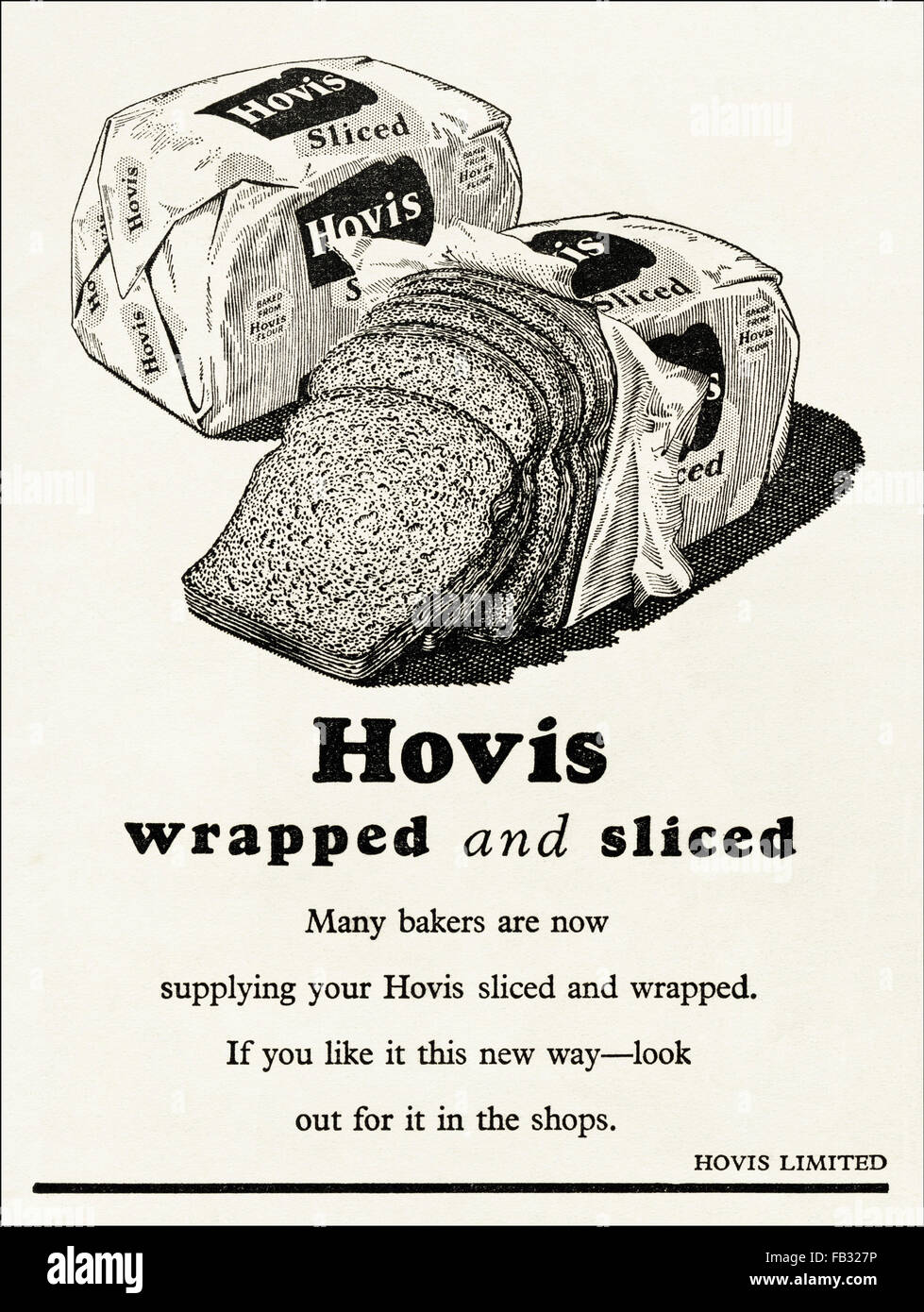 Vintage Original advert à partir de 1950. Annonce de publicité 1953 enveloppé Hovis et le pain en tranches. Retro 50s Banque D'Images