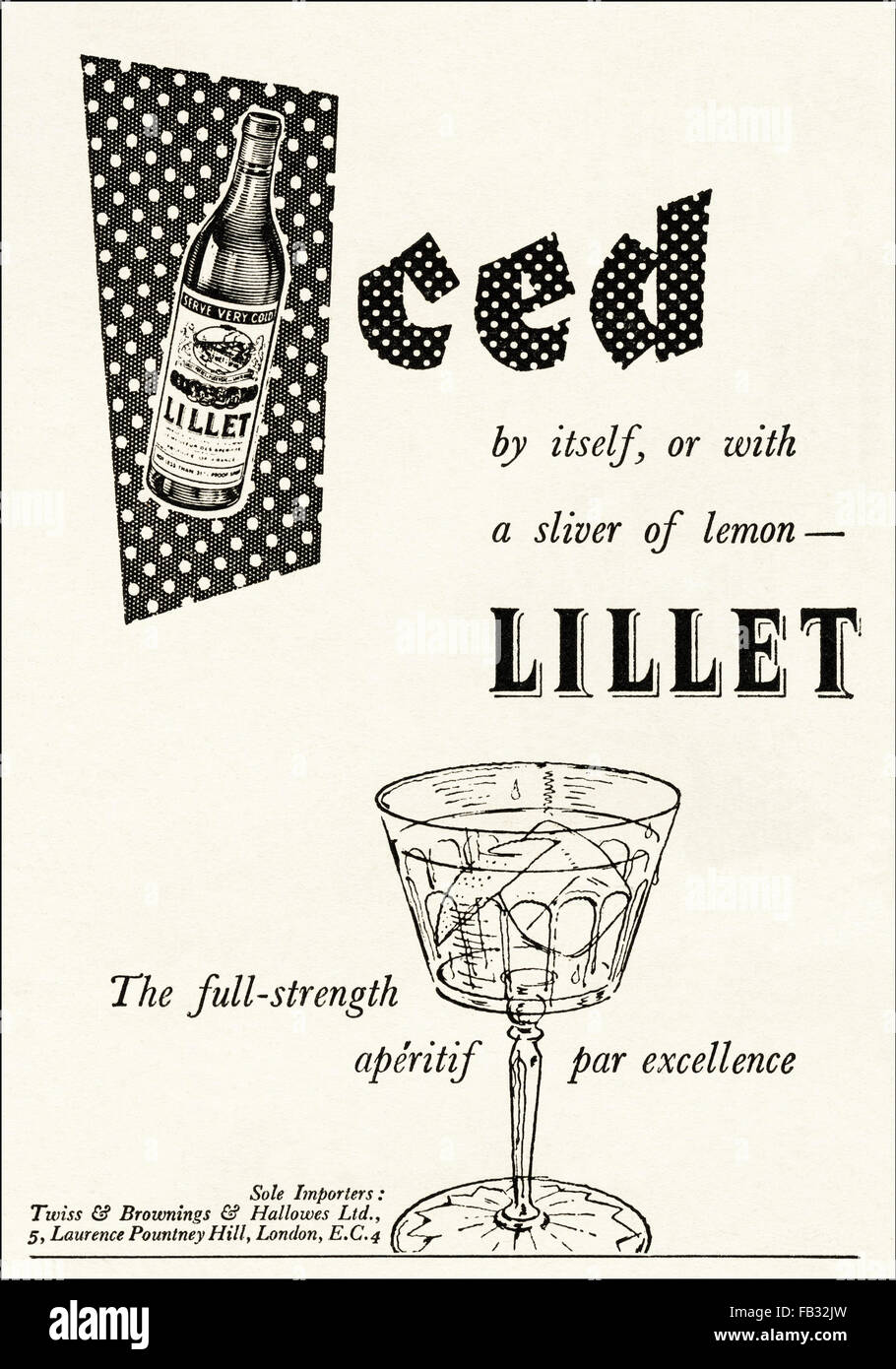 Vintage Original advert à partir de 1950. Annonce de publicité 1953 Lillet apéritif. Retro 50s Banque D'Images
