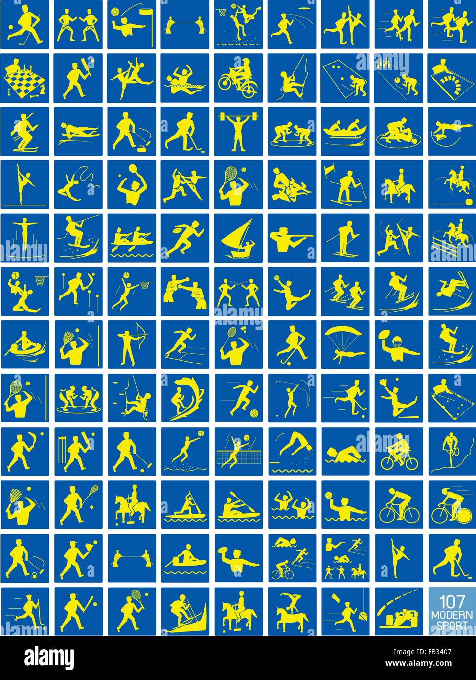 Illustration Collection de 107 icônes de sport d'hiver et d'été en jaune et bleu. Illustration de Vecteur