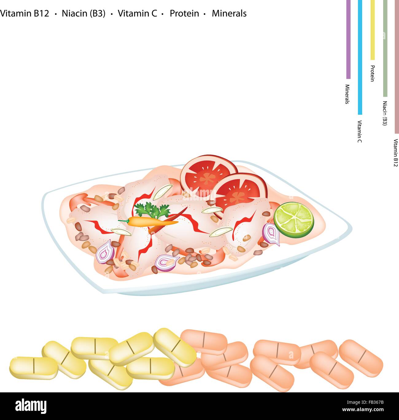 Concept de soins, une délicieuse cuisine thaïlandaise Salade de crevettes aigres et épicé avec de la vitamine B12, niacine ou B3, vitamine C, protéines et minéraux T Illustration de Vecteur