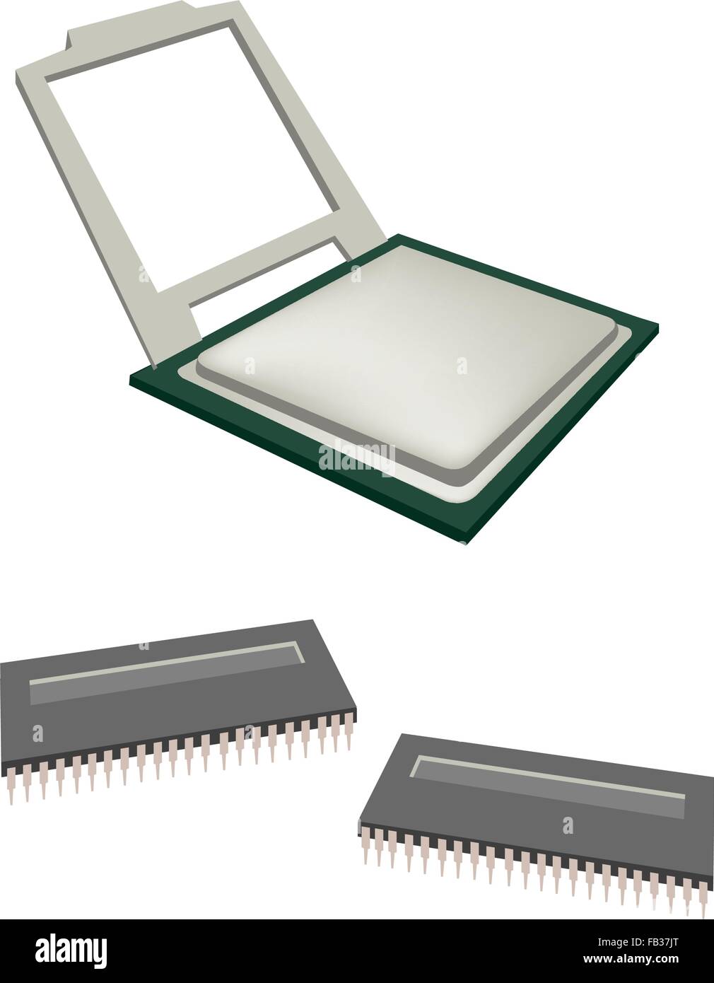 Informatique et technologie, Illustration de l'Unité Centrale de traitement du microprocesseur ou processeur CPU et les axes isolé sur fond blanc. Illustration de Vecteur