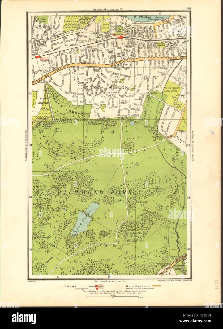 LONDON : Richmond Park, East Sheen, Rome 2, North Sheen, Roehampton, 1937 map Banque D'Images