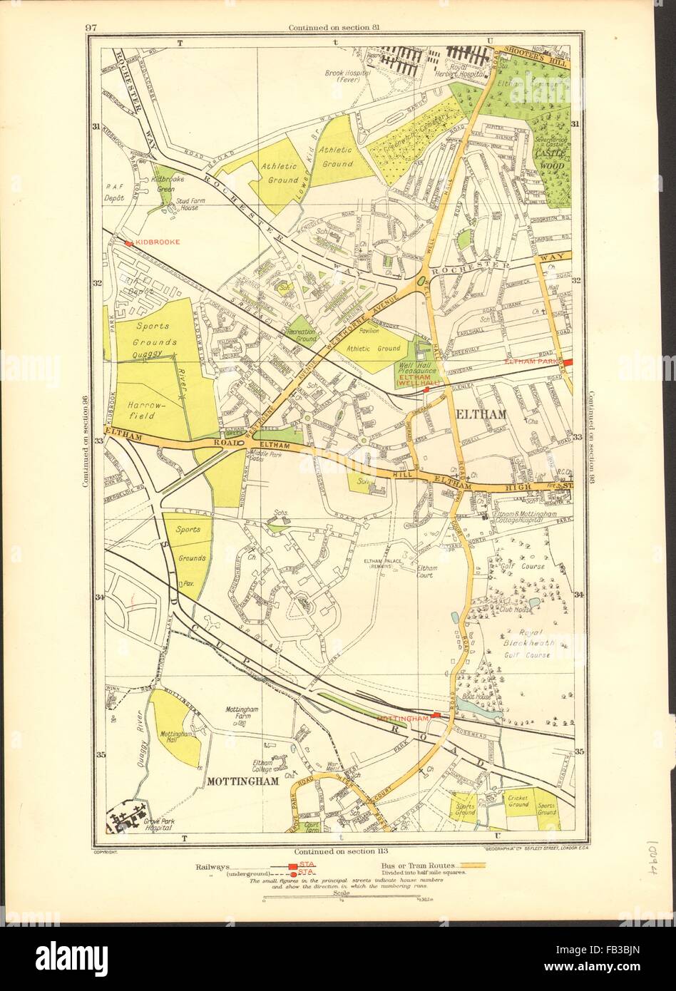 Yvoir : Mottingham, Kidbrooke, Shooter's Hill, Eltham Park, parc de l'avertisseur sonore, 1937 map Banque D'Images