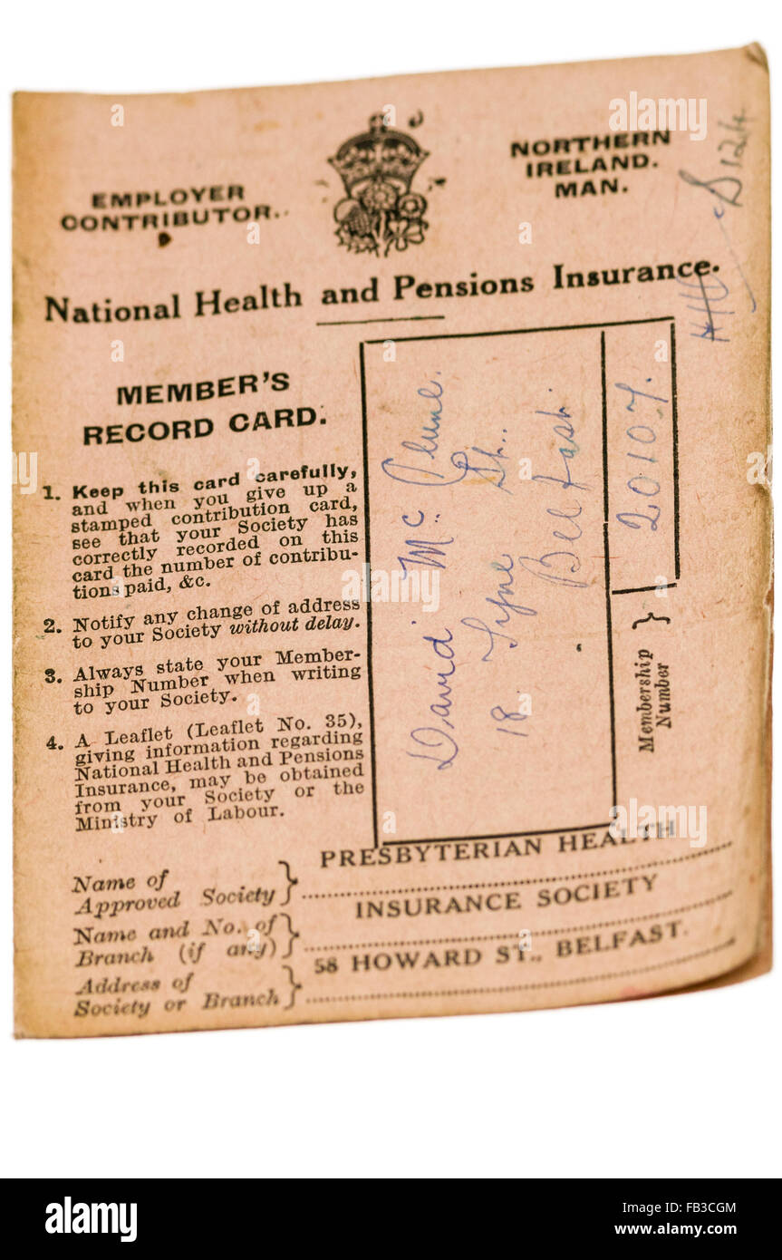 Santé nationale et l'assurance pensions notice carte depuis 1951, publié à Belfast, en Irlande du Nord Banque D'Images
