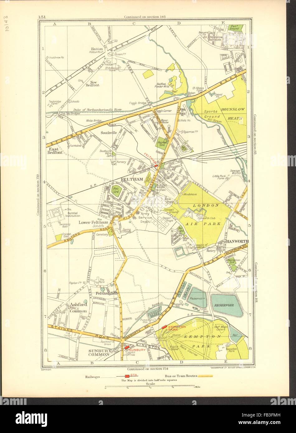 FELTHAM : Hounslow, Hatton, commune de Sunbury, Hanworth, Ashford, 1937 commun site Banque D'Images