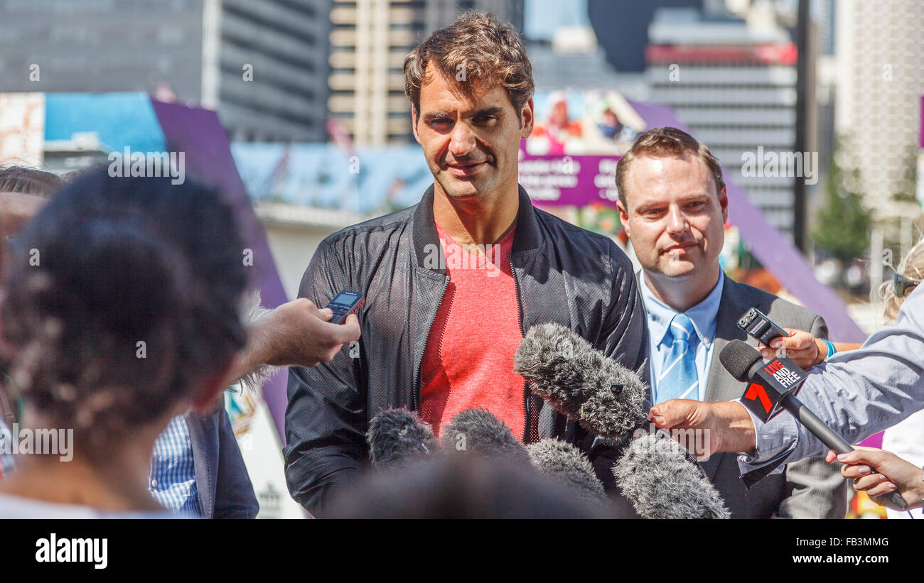 Roger Frederer interview de presse donne avant le début du Tournoi de Tennis 2016 Brisbane, Brisbane Queensland Australie Océanie Banque D'Images