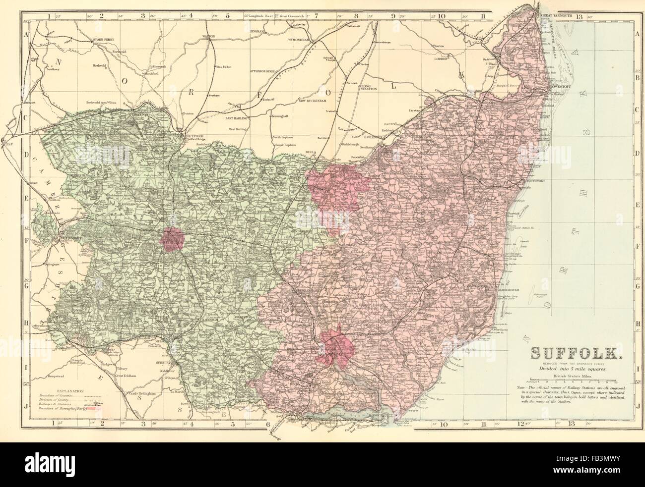 Le Suffolk County carte Antique : par GW BACON, 1883 Banque D'Images