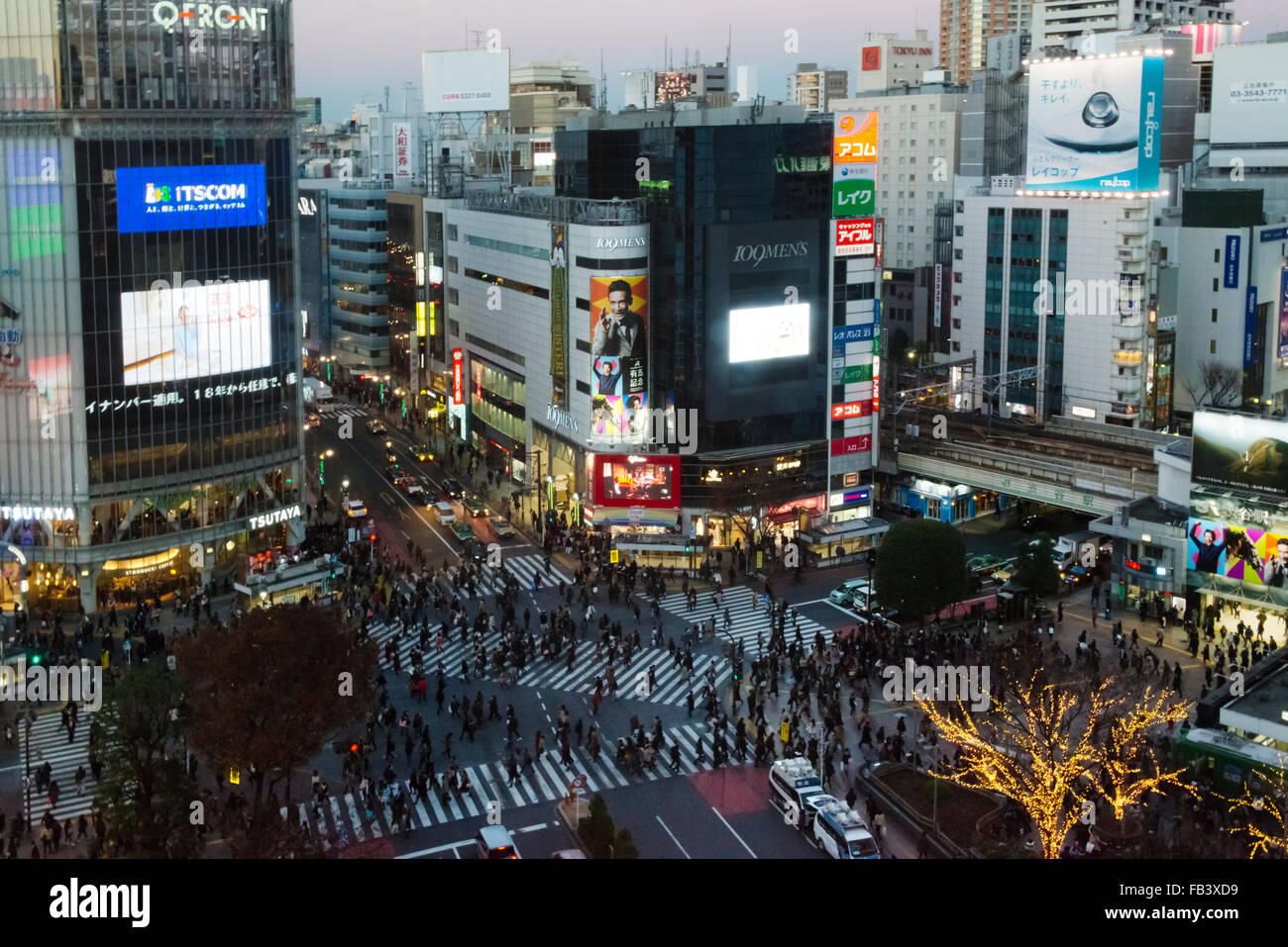 Vue de la nuit de grands immeubles et croisement de Shibuya, Tokyo, Japon Banque D'Images