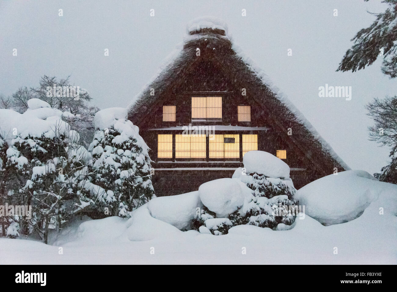 Gassho-zukuri maisons couvertes de neige, Shirakawa-go, préfecture de Gifu, Japon Banque D'Images