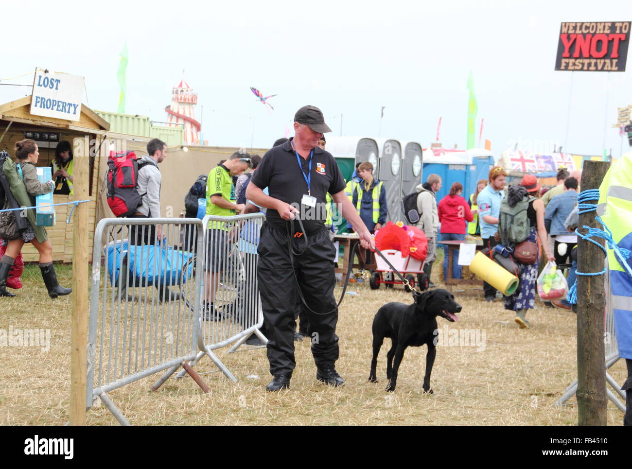 Un chien renifleur et son conducteur recherche de drogues illégales au cours des contrôles de sécurité à l'entrée du festival de musique pas, UK Banque D'Images
