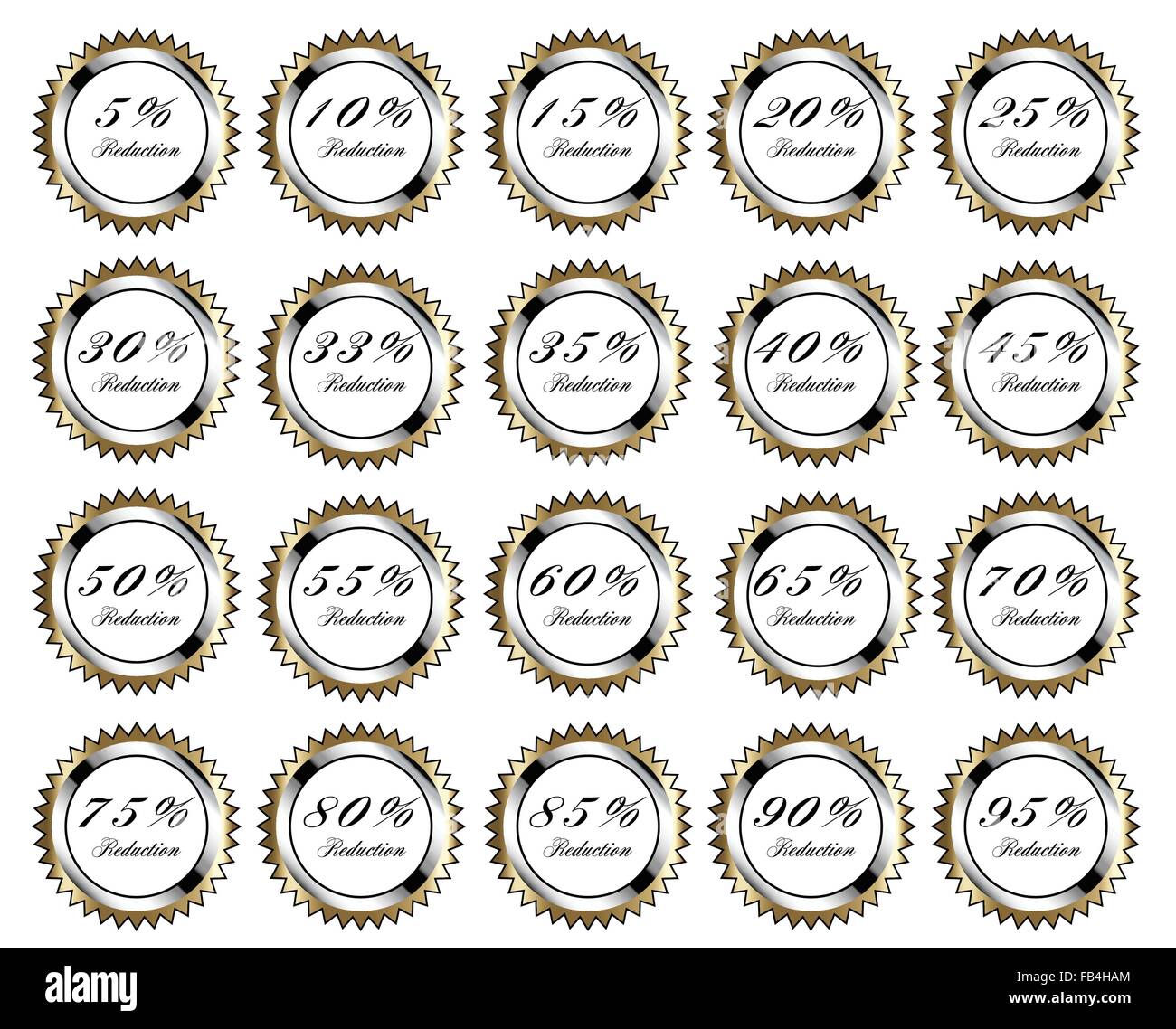 Une collection de la plupart des montants dans les pourcentage de remise étoiles d'or sur fond blanc Illustration de Vecteur