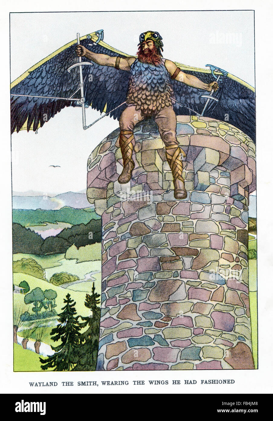 Selon la mythologie germanique et scandinave, Wayland était un héros légendaire et un grand forgeron. Les légendes disent qu'il était le fils du roi des Finlandais. Un autre roi, Niohad, aurait capturé dans son sommeil puis emprisonné, forçant Wayland à divers articles d'artisanat pour son Niohad (famille). Il est arrivé que la fille d'Niohad brough Wayland l'anneau qui avait été l'épouse de Wayland. La fille voulait qu'il fixe. Wayland a pris l'anneau, appréhendé la fille, et puis, dans le temps, les ailes à l'ancienne, qu'il a utilisé pour échapper à la prison pour Niohad et terres. Banque D'Images Selon la mythologie germanique et scandinave, Wayland était un héros légendaire et un grand forgeron. Les légendes disent qu'il était le fils du roi des Finlandais. Un autre roi, Niohad, aurait capturé dans son sommeil puis emprisonné, forçant Wayland à divers articles d'artisanat pour son Niohad (famille). Il est arrivé que la fille d'Niohad brough Wayland l'anneau qui avait été l'épouse de Wayland. La fille voulait qu'il fixe. Wayland a pris l'anneau, appréhendé la fille, et puis, dans le temps, les ailes à l'ancienne, qu'il a utilisé pour échapper à la prison pour Niohad et terres. Banque D'Images