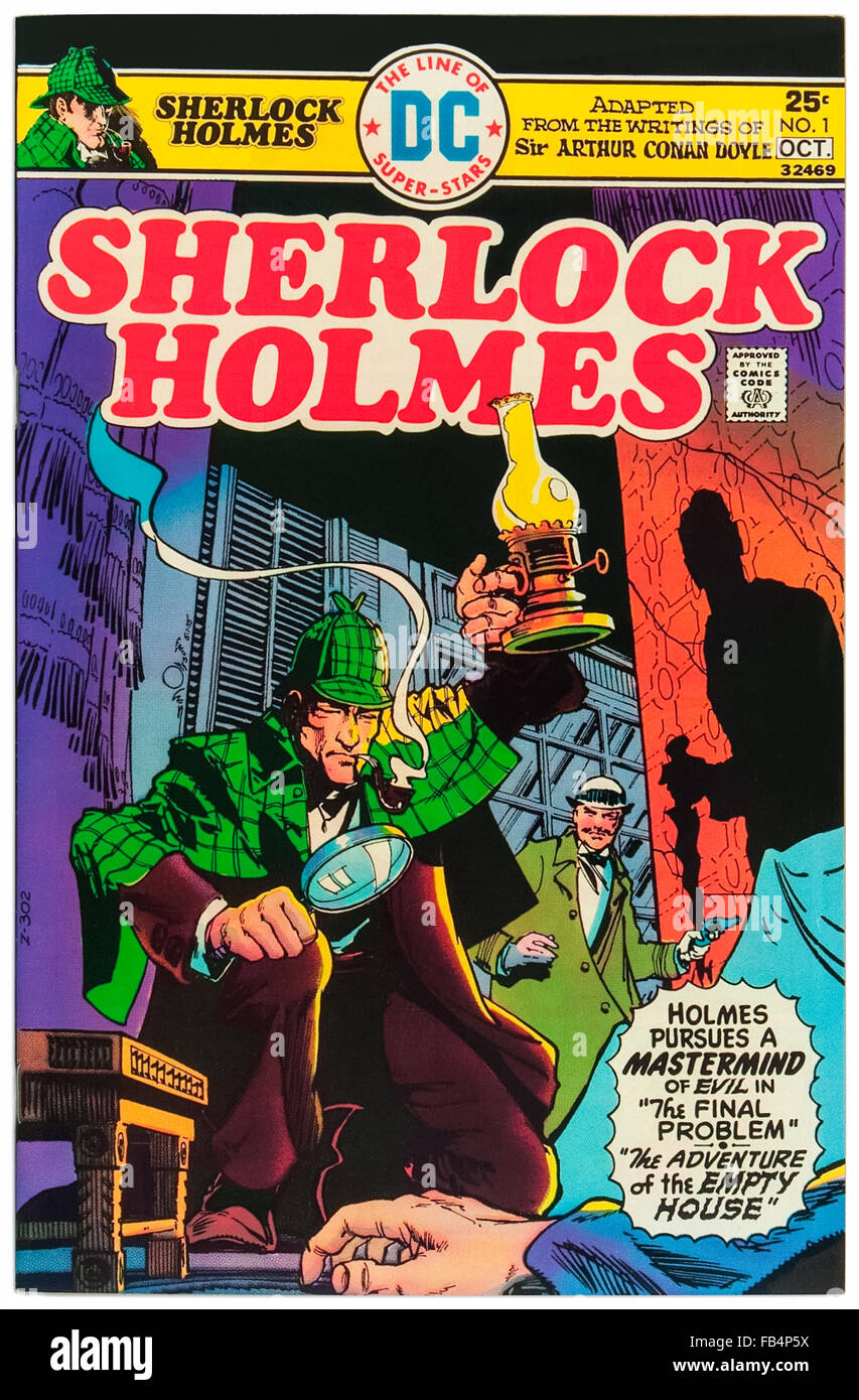 Sherlock Holmes' Octobre 1975 DC Comics, bd de l'histoire courte "Le problème final" par Sir Arthur Conan Doyle (1859-1930) d'abord publié en décembre 1893 dans le magazine Strand ; story par Dennis O'Neil, de l'art par ER Cruz. C'est la seule question. Banque D'Images