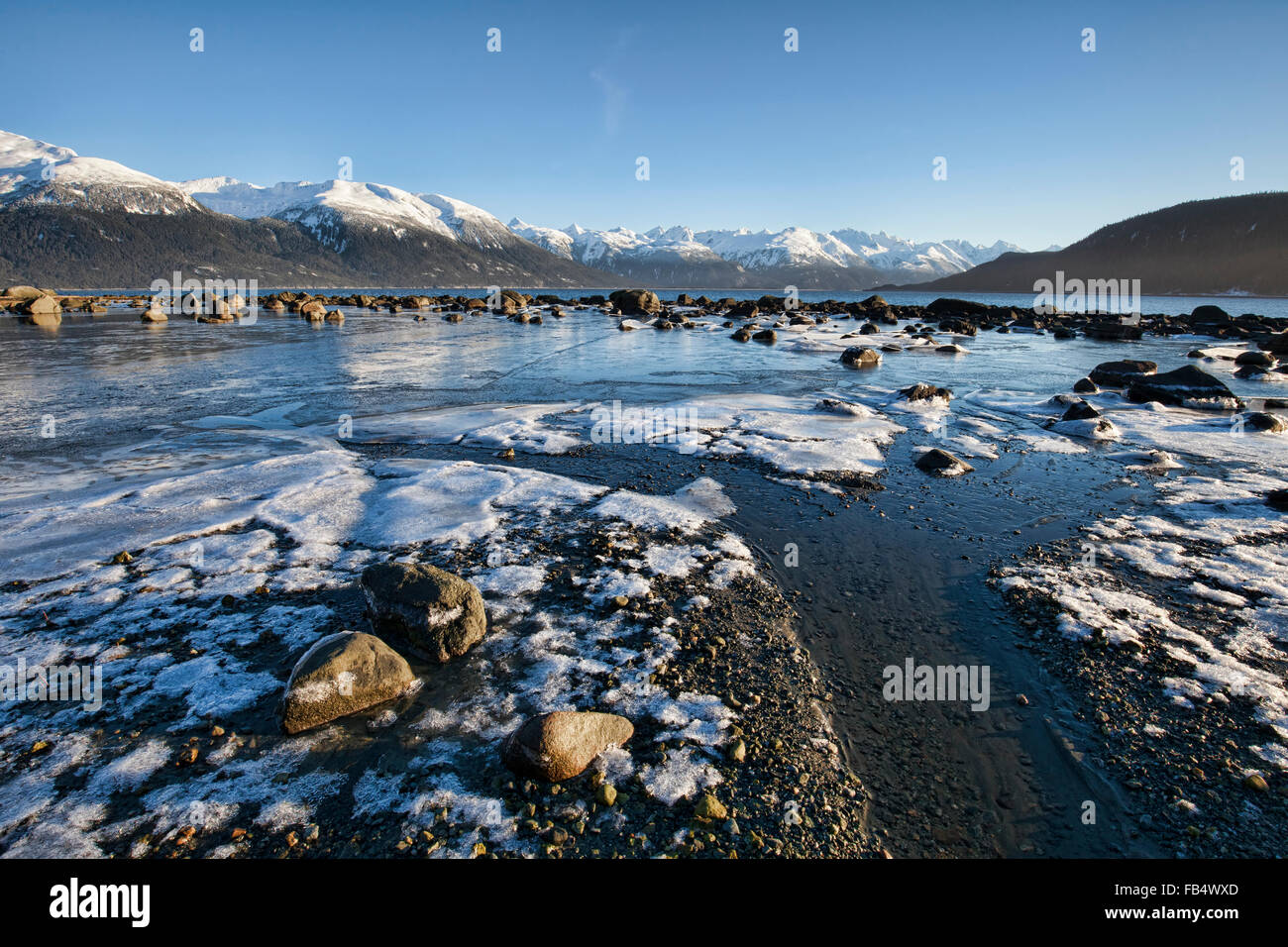 Plage de glace près de Haines en Alaska avec des blocs de glace et de neige sur une marée descendante avec ciel bleu. Banque D'Images