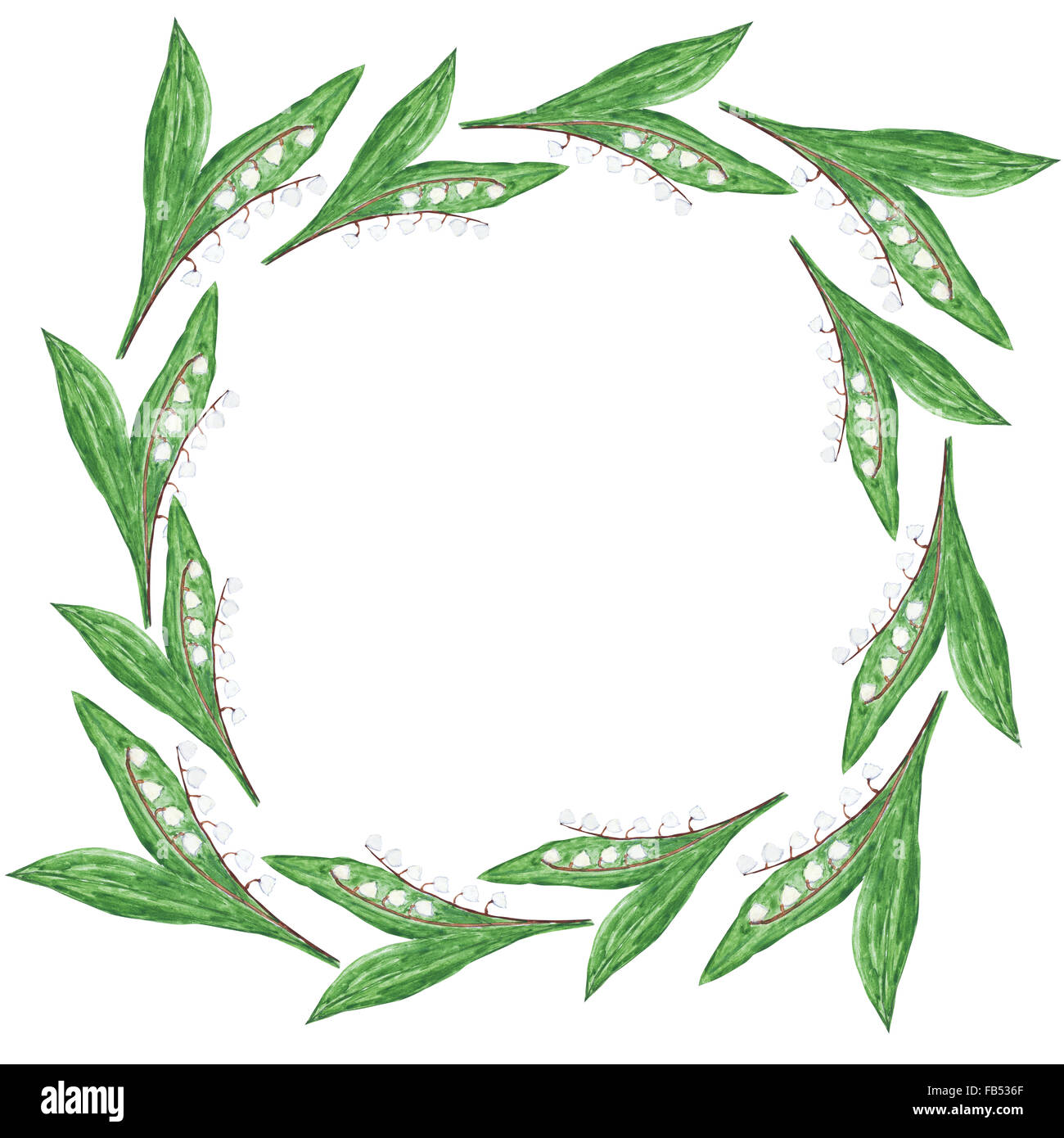 Le muguet aquarelle couronne sur fond blanc. Illustration à l'aquarelle avec copie espace. Concept de fleurs pour mariage Banque D'Images