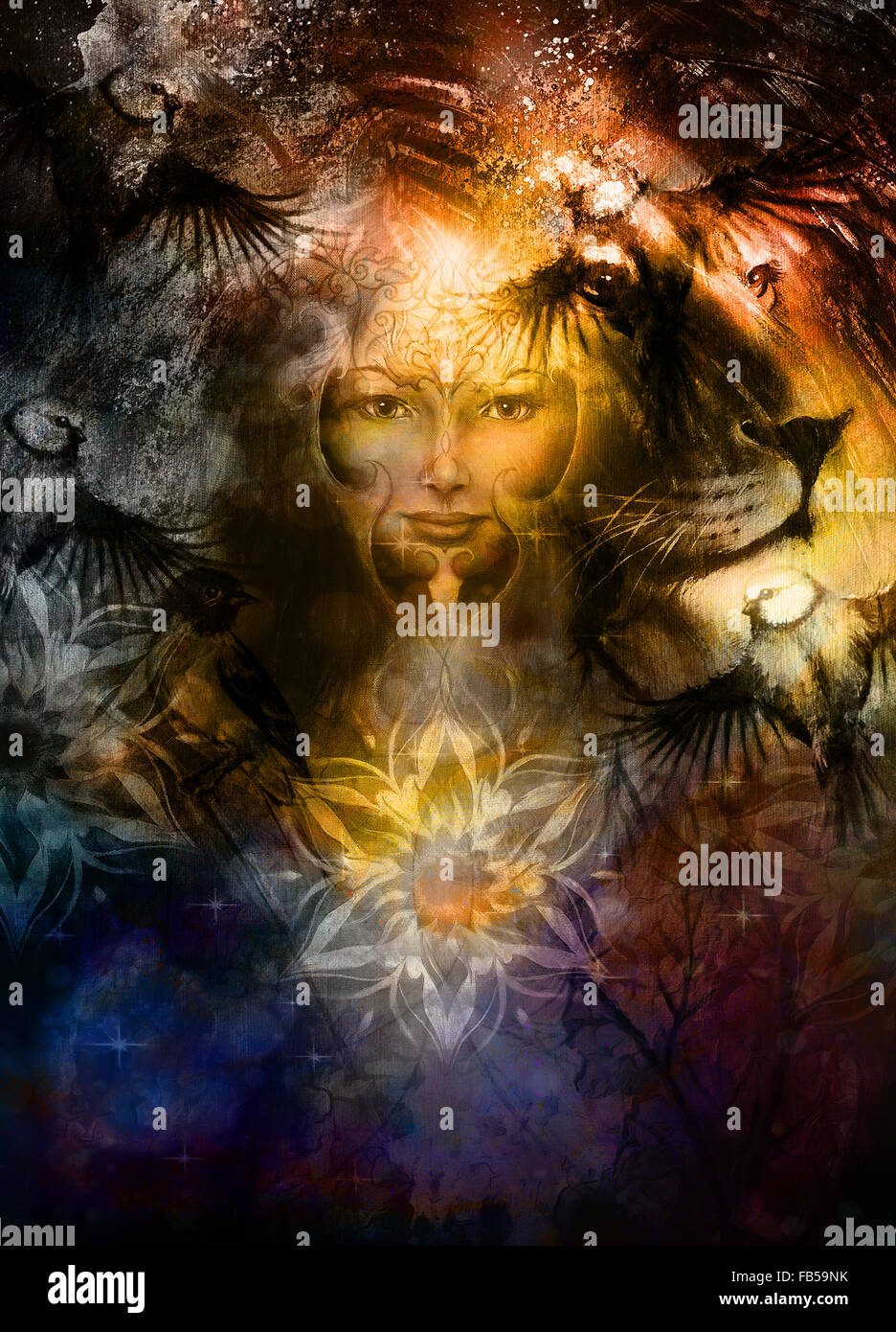Peinture mighty lion head, et mystique femme avec oiseau phoenix tatouage au visage, un ornement fond. ordinateur collage. Banque D'Images
