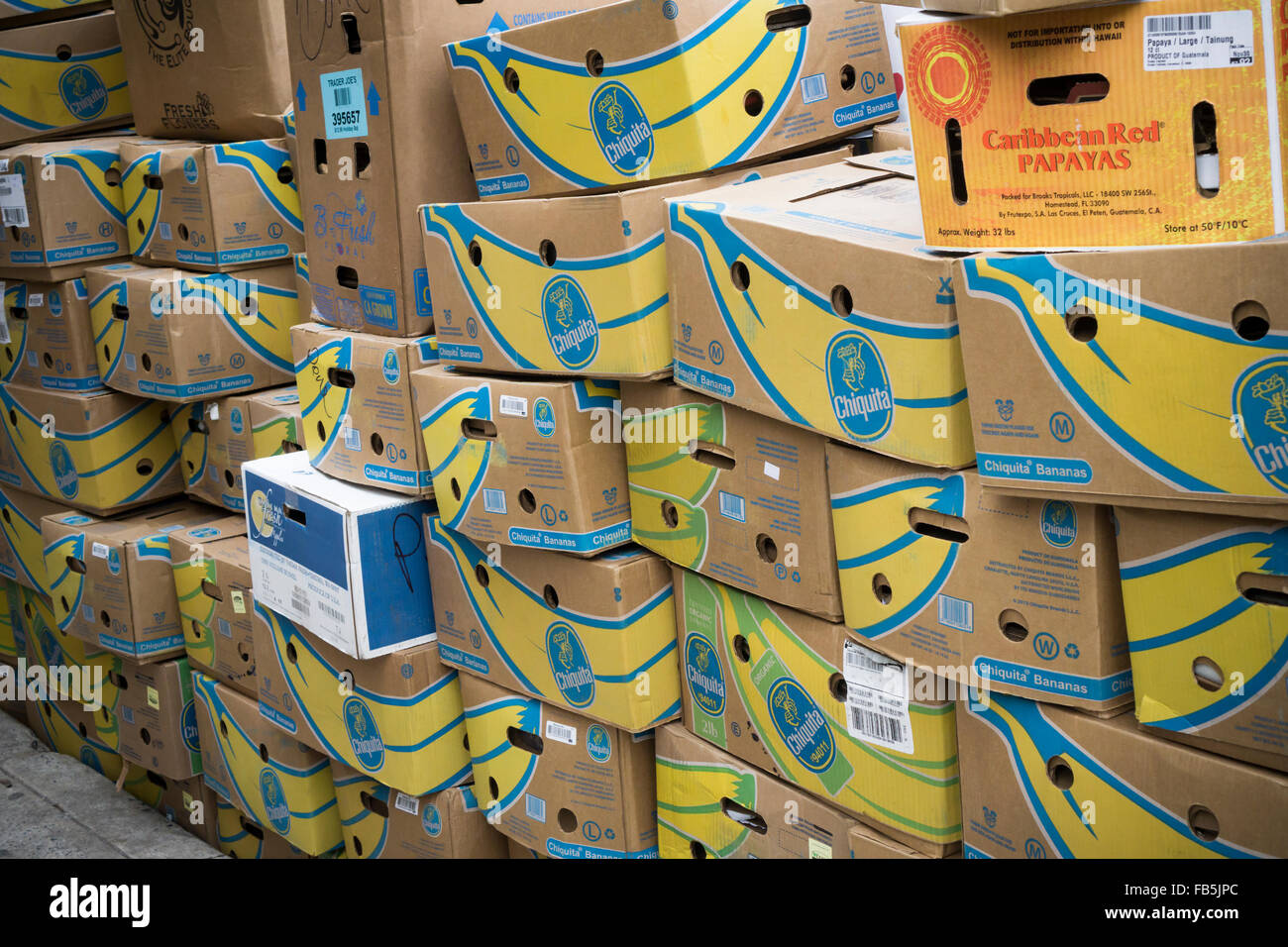 Les boîtes de carton, principalement de marque Chiquita les bananes, en  attente de ramasser et de recyclage à New York, le vendredi 8 janvier 2016.  (© Richard B. Levine Photo Stock - Alamy
