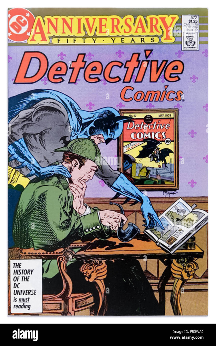 50e anniversaire de « détective Sherlock Holmes des comics de DC Comics', mars 1987, comportait une 135 ans Sherlock Holmes (gardé secret de jeunesse en raison d'un régime alimentaire et vivant au Tibet) dans "l'aventure de la sangsue rouge' qui grâce Batman pour vaincre le Professeur Moriarty's descendants. Banque D'Images
