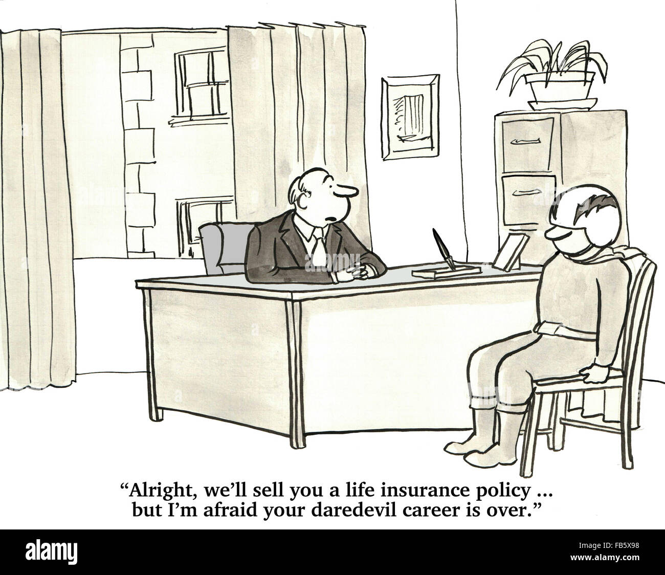 Caricature d'affaires à propos de l'assurance. Le daredevil aurait à changer ses façons d'obtenir une assurance-vie. Banque D'Images
