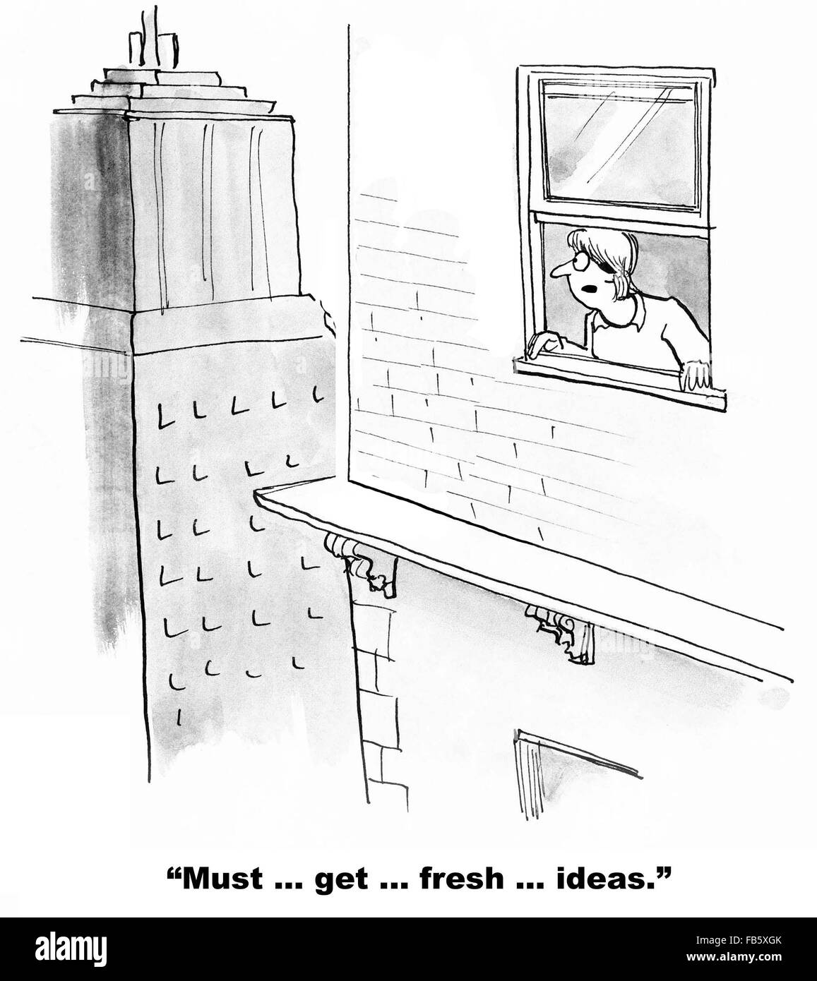 Caricature d'affaires sur l'innovation. La businesswoman jeté vers le haut de la fenêtre, "doit... obtenir... fresh... les idées". Banque D'Images